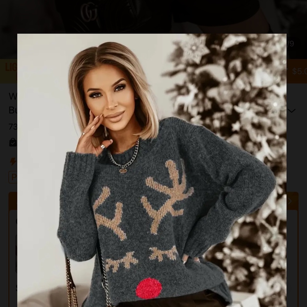 Red nosed Reindeer Christmas Sweater Glistening Antlers - Picture 4 of 15